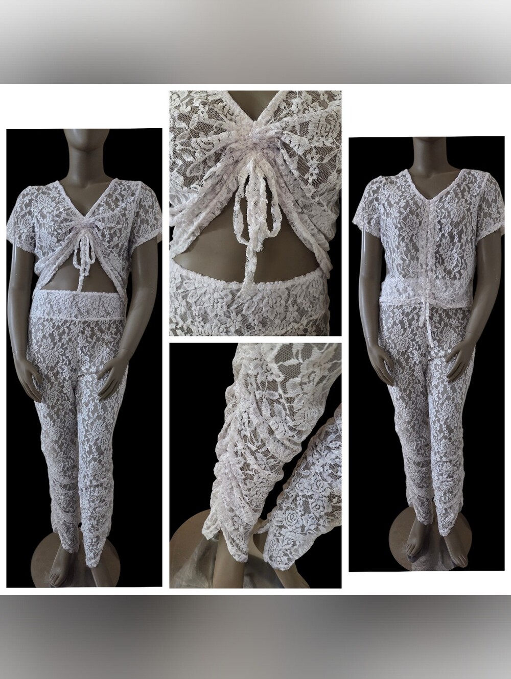 ROUGE Lace Beach Cover-Up 2-Pc Set Scrunch Top & Shirred Pants 2X+ White NWOT